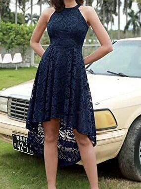 Sleeveless Navy Lace High-Low Halter Dress